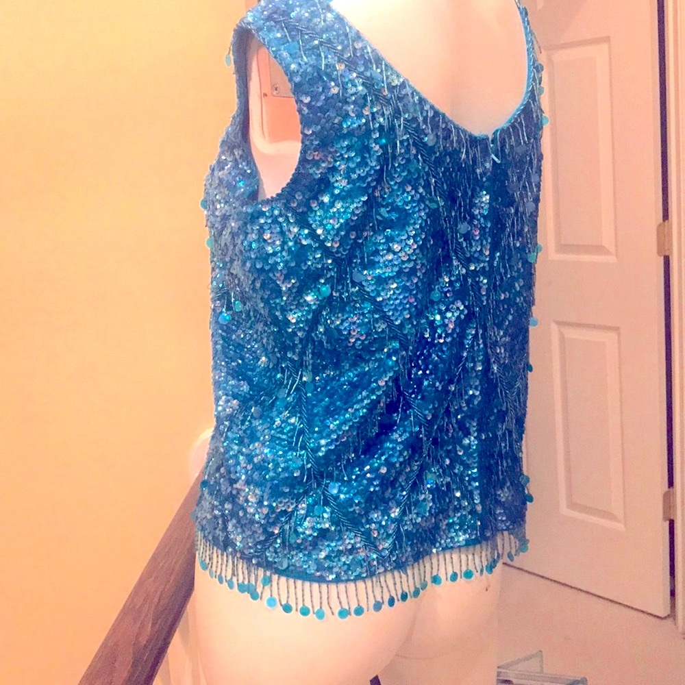 NWT Blue beaded sequin sleeveless top Lined Sparkly fringe party evening Vintage